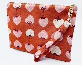 CLEARANCE Rust Strawberry Print Zippered Pouch For Women, Small Fruit Print Makeup Cosmetic Bag Gift For Best Friend, Travel Toiletry