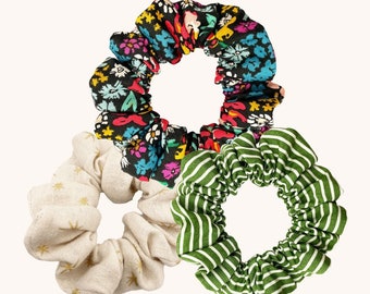 Scrunchie bundle with floral scrunchie, striped scrunchie, and star scrunchie, set of 3 scrunchies for women girls, handmade scrunchie pack