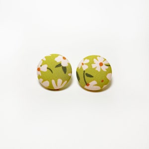 Handmade green floral fabric covered post earrings.