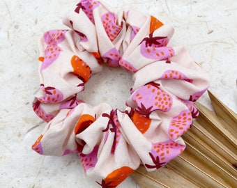 CLEARANCE Strawberry Print Handmade Scrunchie, Hair Tie With Pink Strawberries, Bun Ponytail Holder, Hair Accessories