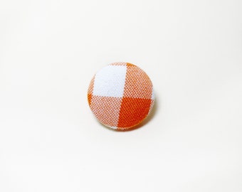 Orange gingham plaid fabric lapel pin, handmade plaid buttonhole pin, fabric covered pin 22mm, mens game day accessories, gift ideas for him