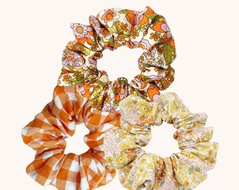 Scrunchie bundle with floral scrunchie and orange gingham plaid scrunchie, set of 3 scrunchies, handmade scrunchie pack, boho hair ties