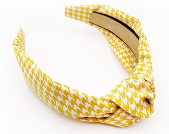 Yellow houndstooth knotted headband, handmade modern boho top knot headband, headband with yellow plaid, preppy style hair band for women