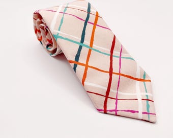 Handmade Pink Plaid Necktie, Men’s Wedding Tie, Unique Gift for Him, Pastel Check Tie, Formal Accessories, Father’s Day Gift, Groomsmen Tie