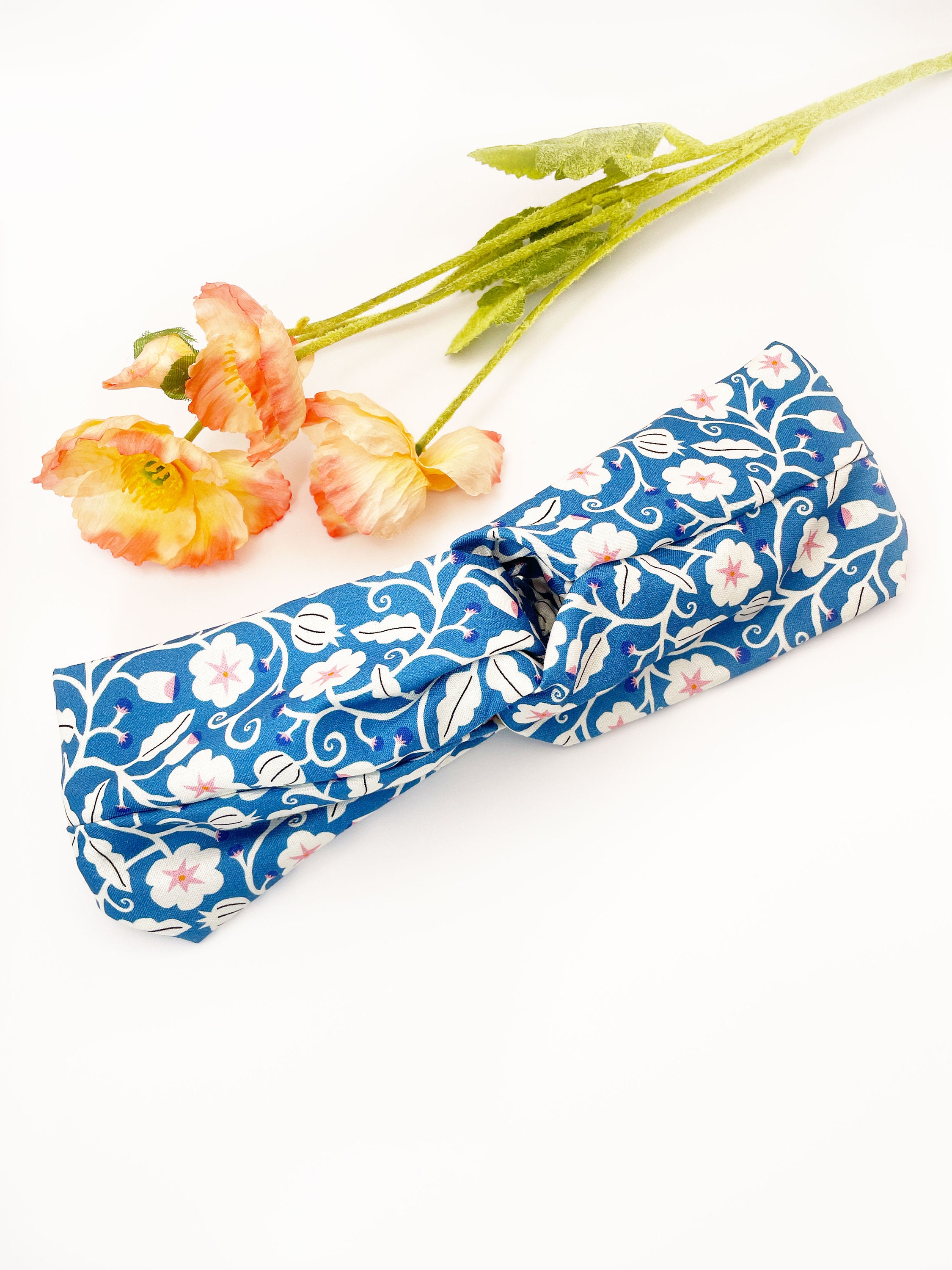 Blue Floral Twist Headband: Cotton Stretchy Turban Headband 
