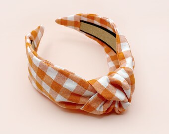 Diadema anudada de Gingham naranja, diadema de nudo superior con estampado a cuadros, accesorios para el cabello hechos a mano para mujeres, ideas de regalos de diadema de turbante