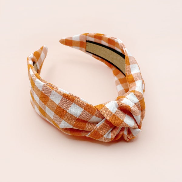 Orange Gingham Knotted Headband, Top Knot Headband With Plaid Print, Handmade Hair Accessories For Women, Turban Headband Gift Ideas