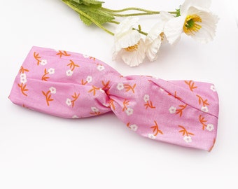 Pink floral twist headband for women, handmade turban headband, orange white flowers, cute vibrant headband, pink head wrap hair accessories