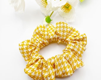 Handmade yellow houndstooth scrunchie for women and teen girls, hair tie with yellow plaid, preppy bun ponytail holder, modern boho gifts