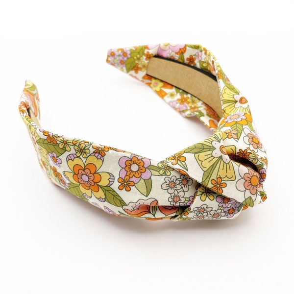 Retro floral knotted headband for women, top knot headband with flowers, handmade hair accessories for women, turban headband gift ideas