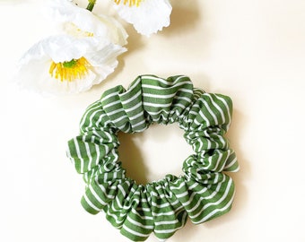 Green scrunchie with white stripes, green and white striped scrunchie, handmade preppy hair tie, ponytail holder for women and teen girls