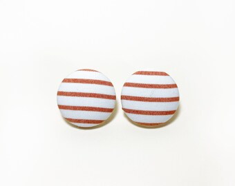 Copper striped fabric earrings, handmade post earrings, fabric covered stud earrings 22mm, everyday jewelry, gifts for her, classic style