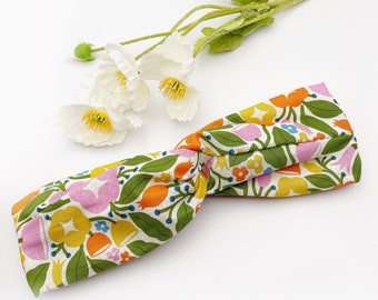 Bold floral twist headband for women, head wrap turban headband, orange yellow pink flowers, funky vibrant headband, retro gift ideas