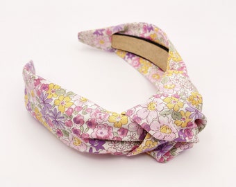 Serre-tête noué à la main avec des fleurs violettes, serre-tête floral avec noeud supérieur pour femme et fille, accessoires pour cheveux à la mode printanière, joli serre-tête bohème