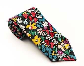 Black necktie with colorful flowers, handmade black floral necktie, wedding neckties for boho wedding, groomsmen groom necktie accessories