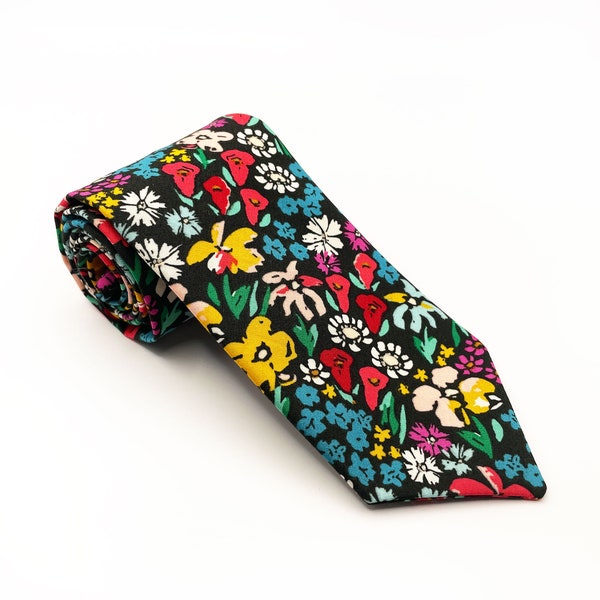 Black necktie with colorful flowers, handmade black floral necktie, wedding neckties for boho wedding, groomsmen groom necktie accessories