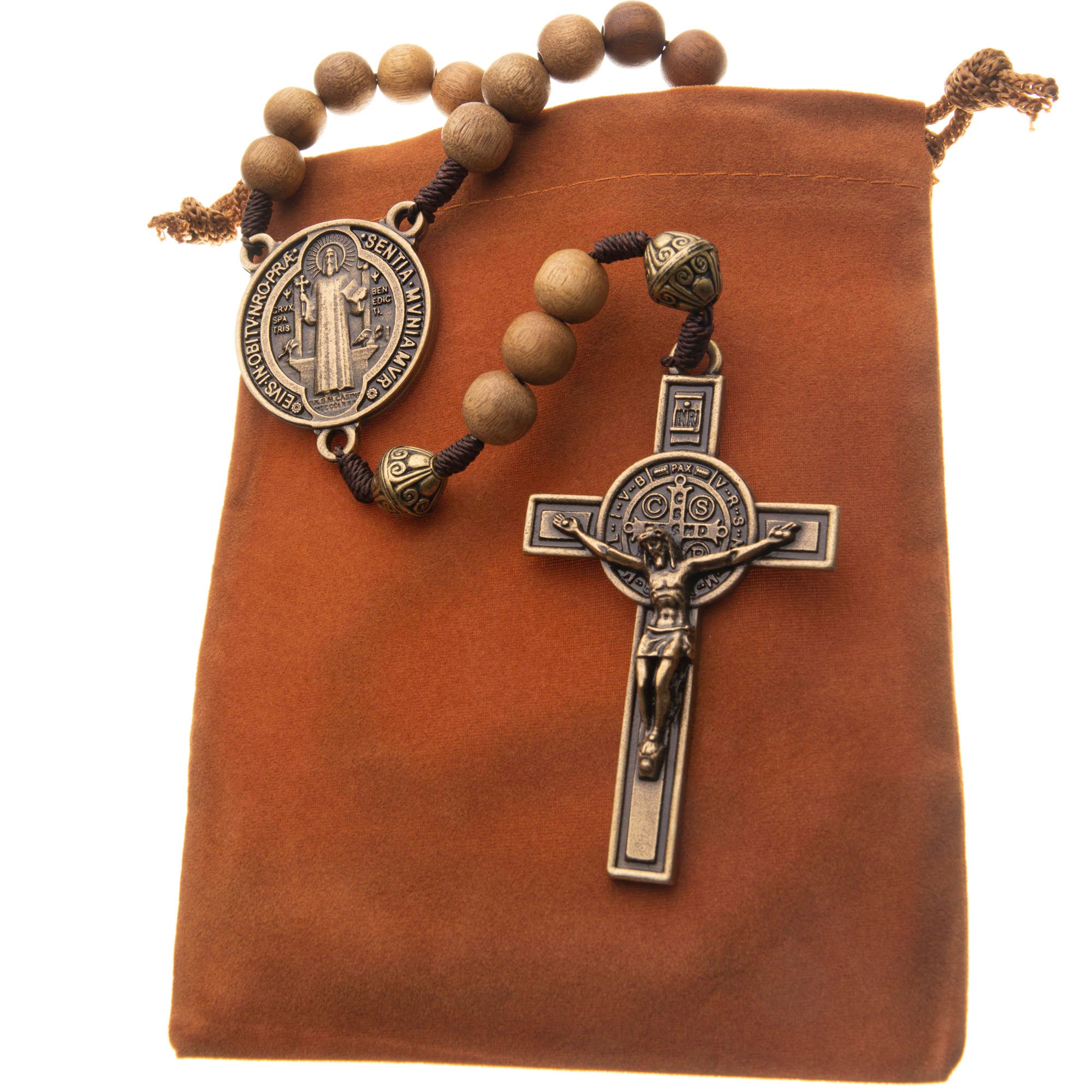 St. Benedict Medal 1-Decade Pocket Rosary – Wood Beads – Handmade With Gift Box