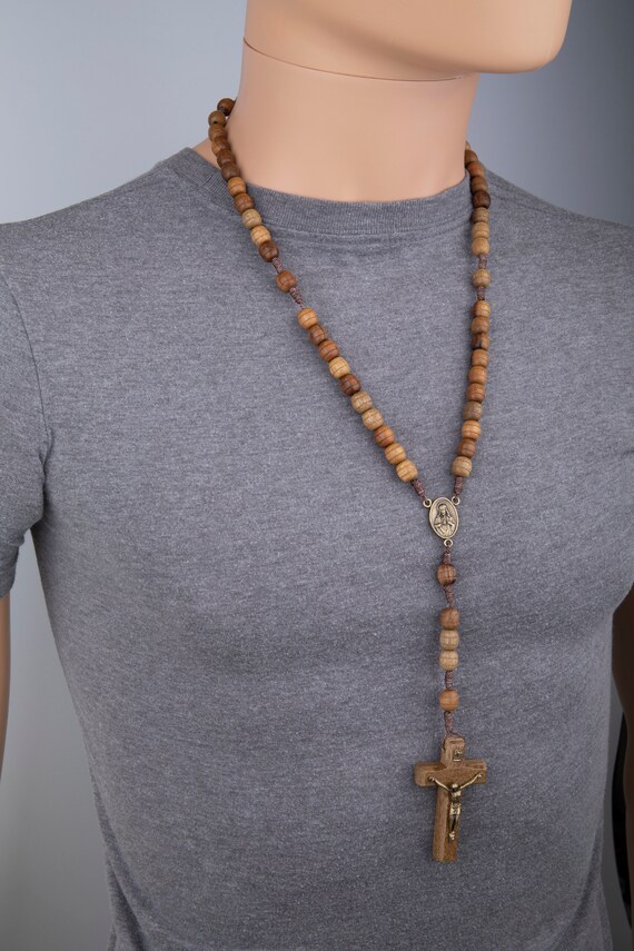 Handmade Wooden Brown Rosary Necklace - Unisex, Strong Cord, Carved Beads - Catholic Christian