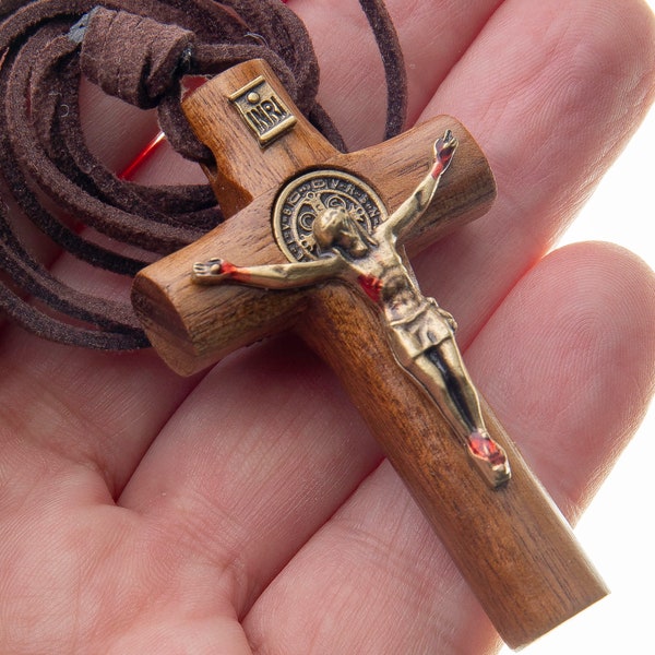 2.5" St Benedict Wood Cross Necklace Leather Cord Men Women