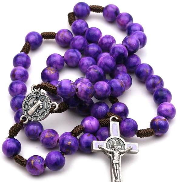 St Benedict Catholic Rosary Purple Beads on Strong Cord for Women Length 15"