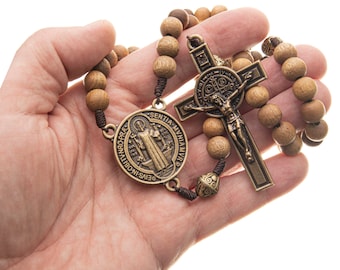 Large St. Benedict Wood Rosary 10mm Beads - Corded Necklace Handmade Religious Catholic Gift