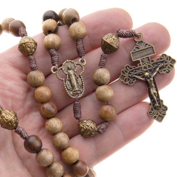 Large Catholic Rosary Beads Brown Wood Corded Pardon Crucifix Men Women 18"