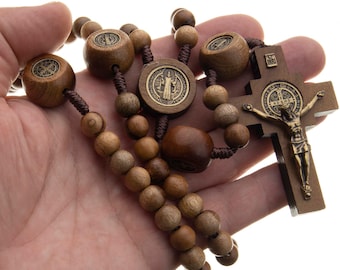 St Benedict Catholic Rosary Large Brown Beads Corded Men Women Gift Box