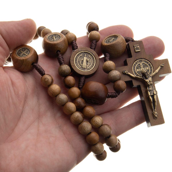 St Benedict Catholic Rosary Large Brown Beads Corded Men Women Gift Box