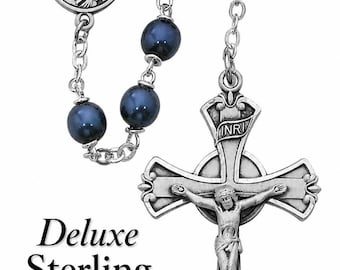 7mm Dark Blue Rosary | Sterling Silver Crucifix & Center | Gift Box