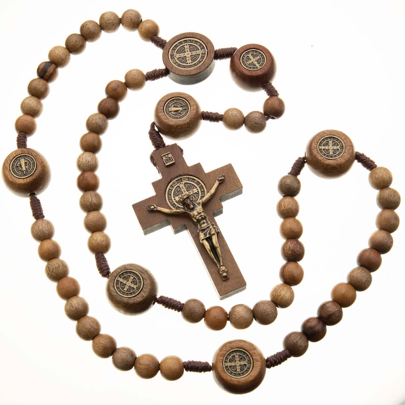 St Benedict Catholic Rosary Large Brown Beads Corded Men Women Etsy