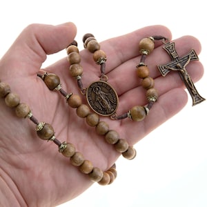 Long Miraculous Medal Wood Rosary 10 mm Beads Strong Cord Necklace Men Women