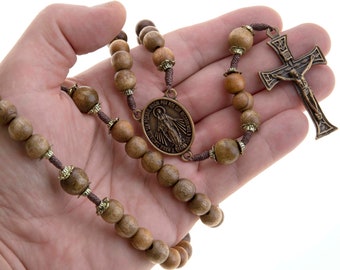 Long Miraculous Medal Wood Rosary 10 mm Beads Strong Cord Necklace Men Women