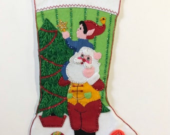 Vintage bucilla felt sequin stocking- complete, finished Bucilla- Tree trimming kit #3568 child stocking.