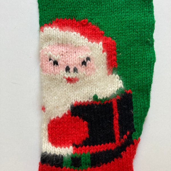 Vintage Hand Knit Christmas Stocking -- Santa with Reindeer and Fuzzy Beard