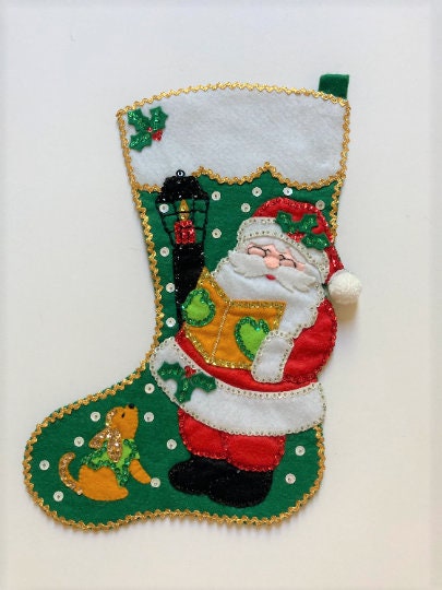 Vintage Bucilla Felt Sequin Christmas Stocking Singing Santa Carols ...