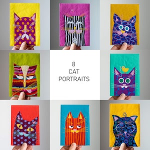 8 PDF patterns for fabric cat portrait postcards / Raw edge applique pattern