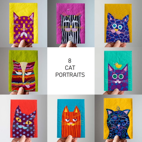 8 patrons PDF pour cartes postales en tissu avec portraits de chats / Motif appliqué à bords bruts