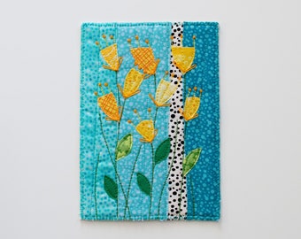 Textile art with flowers in postcard size - fabric postcard with yellow flowers