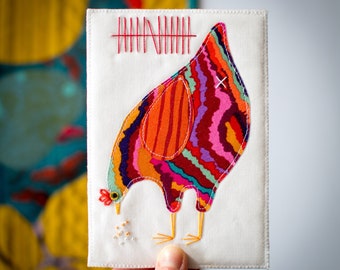 PDF pattern for fabric postcard with raw edge applique of hungry chicken