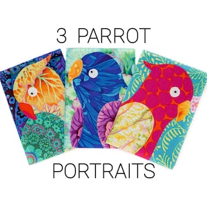 3 patrons PDF pour cartes postales de portraits de perroquets en tissu / Motif appliqué à bords francs