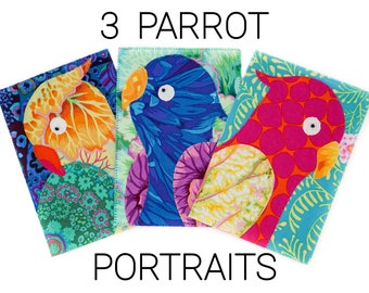 3 PDF patterns for fabric parrot portrait postcards / Raw edge applique pattern