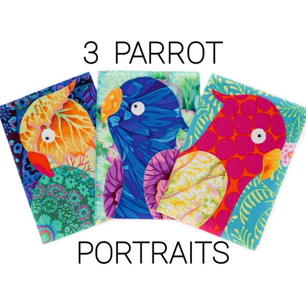 3 patrons PDF pour cartes postales de portraits de perroquets en tissu / Motif appliqué à bords francs