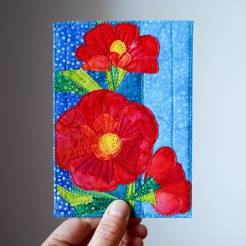 Postcard Color Patterns PDF Pattern for Quilted Fabric Postcard With Hollyhocks / PDF Postcard ...