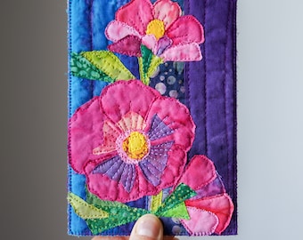 PDF pattern for quilted fabric postcard with hollyhocks / PDF postcard pattern with raw edge applique