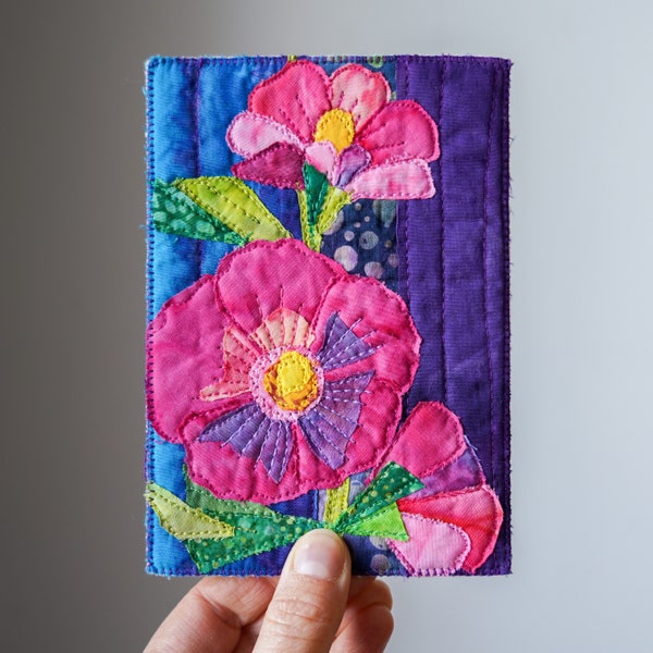 PDF pattern for quilted fabric postcard with hollyhocks / PDF postcard pattern with raw edge applique