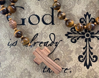 Tiger Eye Protestant Prayer Beads: Olive Wood Cross, Large Rosary