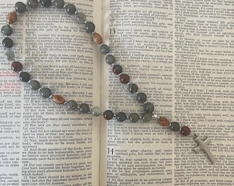 Protestant Prayer Beads, African Blood Stone, Holy Land Olive Wood Cruciform beads, made in USA pewter cross