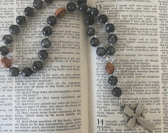 Labradorite Protestant Prayer Beads: Celtic Pewter Cross, USA Made