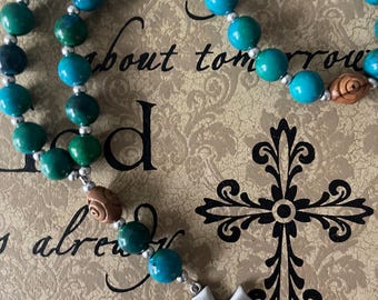 Large Azurite Protestant Prayer Beads, Olive Wood Cross, Christian Gift