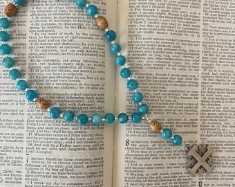 Protestant Prayer beads Anglican, Methodist, Episcopal, Lutheran prayer beads,  Teal Blue dyed Jade, Jerusalem pewter cross USA made